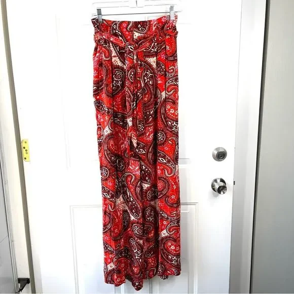 Free People Wide Leg High Waist Boho Tie Waist Paisley Pants Size Small - Picture 8 of 13
